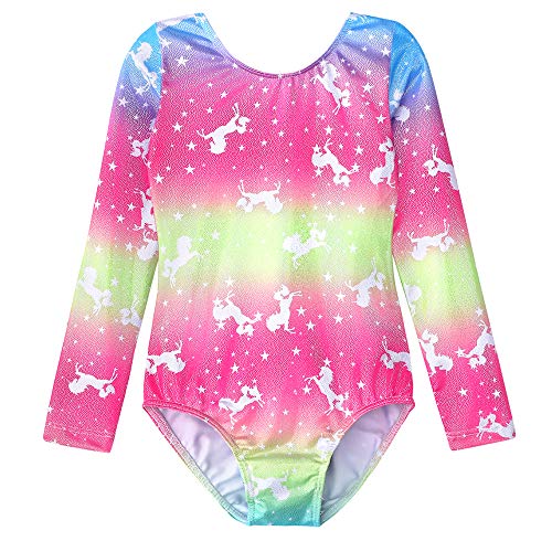 Gymnastics Long Sleeve Leotards for Girls Kids Ballet Sparkle Ribbons Dancewear (04 Rainbow unicorns, 120(4-5Y))