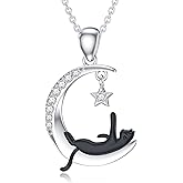 LWXIE Diamond Moon and Cat Necklace for Women 925 Sterling Silver Black Cat on the Moon Pendant with Lab Grown Diamonds Jewelry Gifts