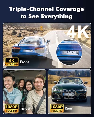 Frvesroe 4K 3 Channel Dash Cam Front and Rear Inside for Uber Taxi, Dual Front Lens, Interior Night Vision, WiFi 6 GPS, 24H Parking Mode, 64GB Card, Heat Resistant Dashcam for Cars (V1)
