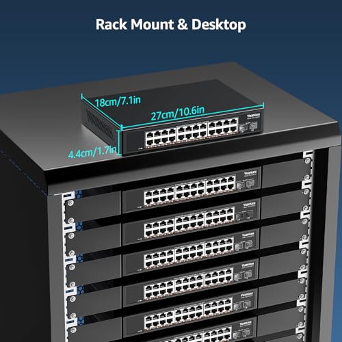Unmanaged 2.5G 24-Port Ethernet Switch, 24 x 2.5 GB Base-T Ports, 2 x 10G SFP+, Compatible with 100/1000/2500Mbps, Metal Fanless, Desktop/Rack Mount YuanLey 2.5 GB Network Switch