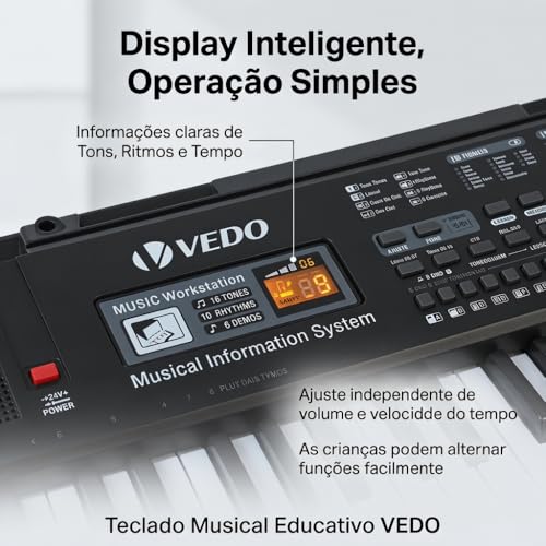 VEDO Digital Teclado 61 Teclas Infantil, Alto-Falantes Estéreo, Instrumentos Musicais Infantis, 10 Ritmos, 16 Timbres, 8 Percussão, 6 Músicas Demonstração, 2 Funções de Aprendizagem, Ótimo Presente