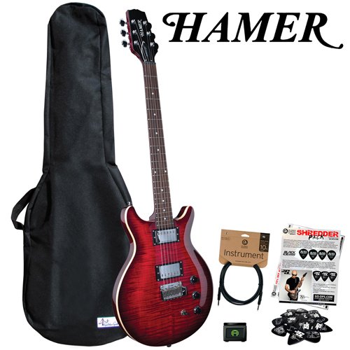 Hamer SATFW-DCB Dark Cherry Burst Electric Guitar with GO-DPS Planet Waves Shredder Pick Pack PW-SHRED,PW-CT-12 Tuner, PW-CGT-10 Cable Gig Bag