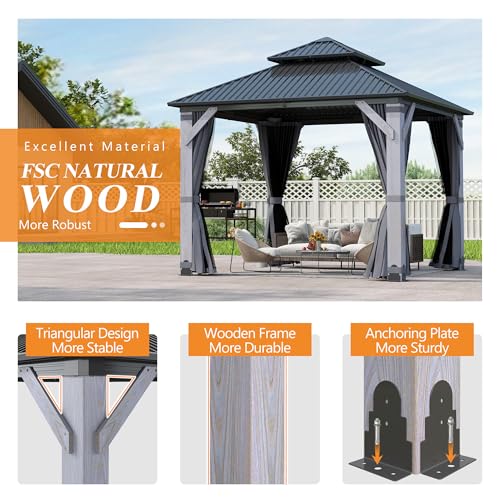 COVERONICS 8.5' x 8.5' Outdoor Wooden Gazebo - Permanent Wood Hardtop Gazebo Pavilion with Double Curtains, Galvanized Steel Roof Cedar Wood Gazebos for Garden, Lawn, Poolside, Backyard Deck