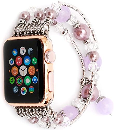 Jusinhel Apple Watch Band Decorated Handmade Jewelry Faux Pearl Luxury Bracelet Elastic Stretch Replacement Strap for Apple Watch Series All Version - Mauve Jade with Silver 38mm Gift Packing