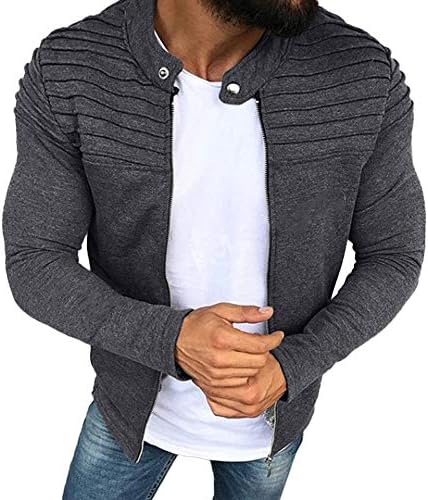 GOVOW Black Men's Autumn Winter Pleats Slim Coat- Stripe Fit Raglan Zipper Long Sleeve Top