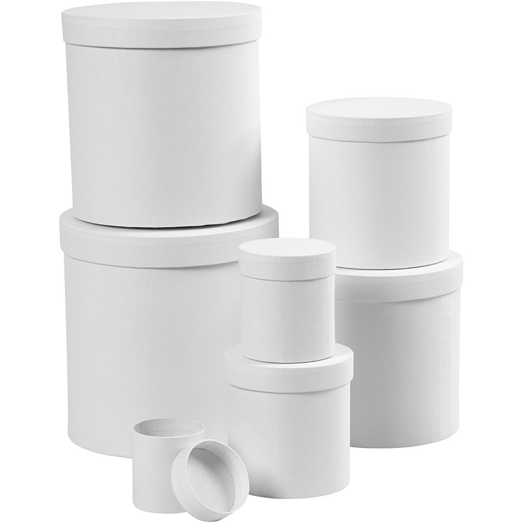 Creativ Company Round Boxes Set – 7 White Paper‑Mâché Boxes (Ø 7–22 cm) with Lids – Stackable & Decor‑Ready for DIY, Storage & Craft Projects