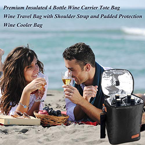 Collapsible Wine Totes Travel Carrier & Cooler Bag with Shoulder Strap,4 Bottle Picnic Cooler Bag with Insulated Neoprene Leakproof Liner,Water Drinks Beer Picnic Lunch Bag for Grocery,Camping(Black)