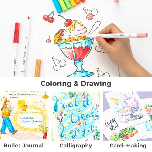 Ohuhu Marcadores para colorear a base de agua, aptos para papel, 60 colores, punta fina de pincel doble, para libros de colorear para adultos, marcadores de arte sin sangrado, para