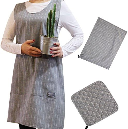Maison De Coco Cs52 100% Premium Cotton Pin Stripe Apron 3 Set with Multi Purpose Cloth and Pot Holder (Grey)