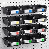 Pegboard Bins - 12 Pack Black - Hooks to Any Peg Board - Organize Hardware, Accessories, Attachments, Workbench, Garage Storage, Craft Room, Tool Shed, Hobby Supplies, Small Parts