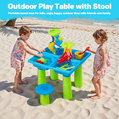 Warmiehomy Sand and Water Table for Toddlers 3-5, Kids Outdoor Play Table with Stool, 4 in 1 Activity Sensory Tables, Accessories Summer Backyard Outdoor Beach Toy for Boys Girls Age 3 4 5