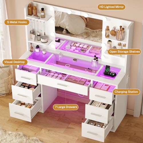 TEENFON Vanity Desk with Mirror and Lights, Makeup Vanity with Glass Top, RGB Lighted Drawers and Power Outlet, Dressing Table with 7 Drawers, 4 Shelves and 5 Jewel Hooks, Bedroom, White