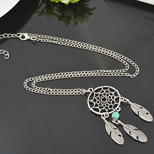 MJartoria Women's Dangling Feather Turquoise Charms Filigree Tribal Dreamcatcher Pendant Chain Necklace - Thumbnail 2