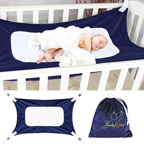 The BabyWay Navy Blue Baby Crib Hammock and in Bed Bassinet | Hanging Mesh Sleep System for Womb Like Comfort | Soft, Breathable Safety Supports Newborn Infants | Storage Bag