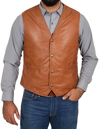 A1 FASHION GOODSMens Soft Tan Leather Waistcoat Classic Traditional Style Gilet Casual Vest Bruno
