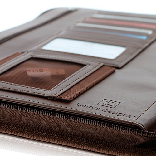 Zippered Leather Business Portfolio Padfolio – Professional Dark Brown PU Leather Portfolio Binder & Organizer Folder with 10.5 inch Tablet Sleeve by Lautus Designs