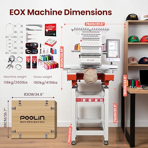 POOLIN Multi Needles Commercial Embroidery Machine with Auto Color Change, 13.8x19.7 Inch Embroidery Area, WiFi Transfer, Includes All Accessories for Hats, T-Shirts & Hoodies