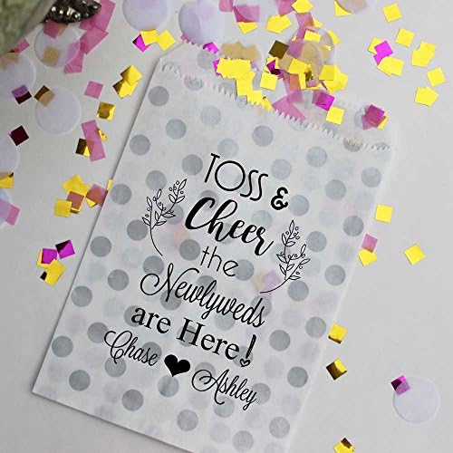 Bakers Bling Wedding Toss Bags, Toss &amp; Cheer the Newlyweds are Here, Silver and White Polka Dot Confetti Bags, Set of 48 Bags and 48 Stickers by
