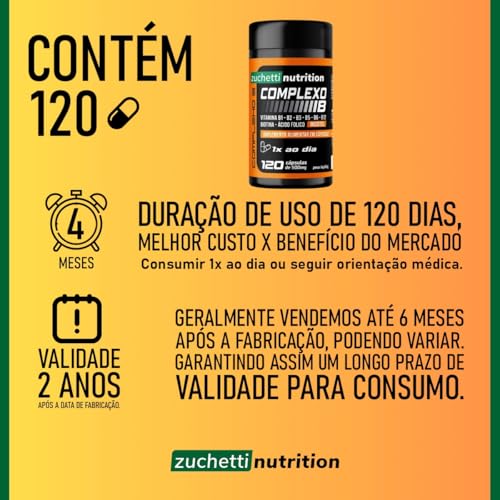 Complexo B com 120 Cápsulas Vitaminas B1 B2 B3 B5 B6 B12 Biotina Ácido Fólico Inositol