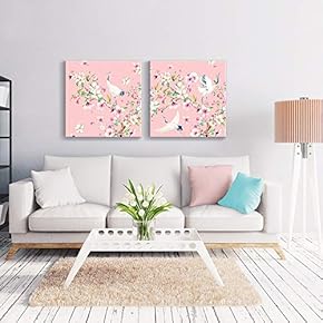 2 Panel Square Canvas Wall Art - Watercolor Style Painting of Cranes and Flowers on Pink Background - Giclee Print Gallery Wrap Modern Home Art Ready to Hang - 12"x12" x 2 Panels