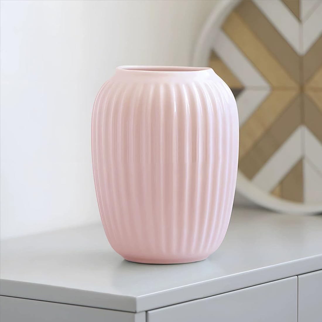 JUZAI Pink Ceramic Vase, 8 Inch / 20 CM, French Country Style, Cylindrical Shape, Perfect for Flowers, Pampas Grass, Dried Flowers, Home Decor