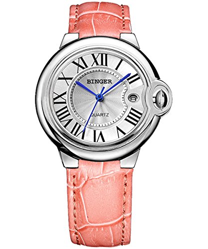 Binger Women Elegant Analog Quartz Watch Roman Numerals Dial Date Window Leather Strap