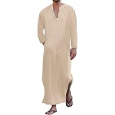 YAOHUOLE Men's Kaftan Thobe Long Sleeve Men Thobe Robe Side Split Men Thobe with Pockets Casual Thobe