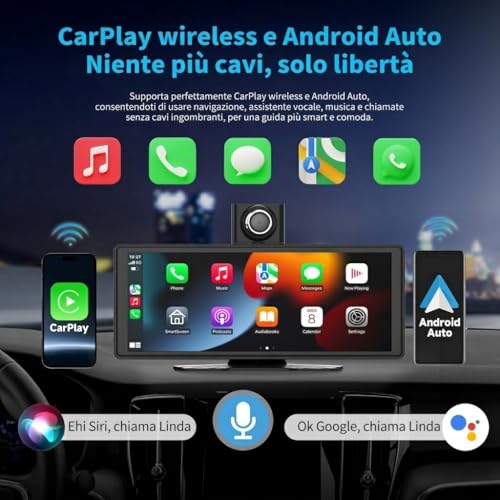 10.26 Inch Car Play Screen Car Play for Wireless Car and Android Car, 4K Dash Cam, Support 1080P Rear View Camera, IPS Touch Car Screen, Mirror Link, BT/FM/AUX, TF 64GB, Plug and Play 12V/24V