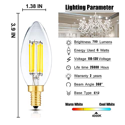 LEOOLS E12 Candelabra LED Bulbs Dimmable 60W Equivalent LED Chandelier Light Bulbs 6W Daylight White 4000K 700LM CA11 Vintage LED Filament Candle Bulb with Decorative Candle Base 6 Packs