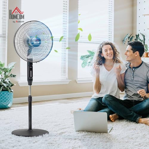 HOMCOM 16-Inch Pedestal Fan, Standing Fan with Adjustable Height, 3 Speeds, 85° Oscillation, LED Control Panel, Remote, 15H Timer for Living Room Bedroom Office, Black