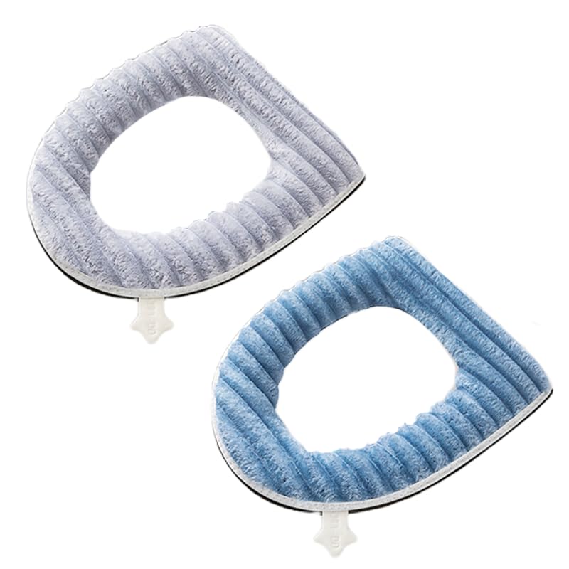 2 Pack Thicker Soft Toilet Seat Cover Pads, Toilet Seat Cushion Covers for Bathroom Washable and Warmer Toilet Lid Seat Cover with Zipper and Handle Fits Most Size Toilet Lids (Grey+Blue)