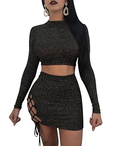 Halfword Womens Lace Up Bandage Bodycon Crop Top and Skirt Set 2 Piece Outfits Black M