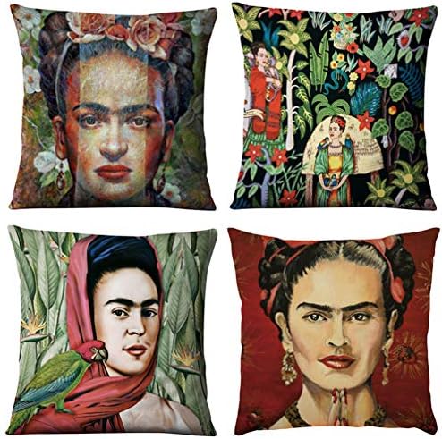 Joyi 4 Pack Frida Kahlo Self-Portrait Cotton Linen Throw Pillow Case Car Cushion Cover 18"x18",Pattern 12