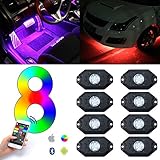 Kawell 3rd-Gen RGB LED Rock Lights with Bluetooth Controller, Timing Function, Music Mode - Multicolor Neon LED Light Kit (8 Pods RGB)