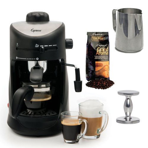 Capresso 303.01 Capresso 4-cup Espresso Cappuccino Machine with New 20 oz Espresso Coffee Milk Frothing Pitcher + Espresso Tamper (CD) and Whole Bean Coffee (8.8oz) Swiss Roast Regular