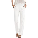 SEMARO Womens Casual High Waisted Linen Feel Pants Tapered Vacation Lounge Pants Trousers with Pockets White