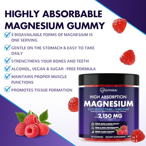 JUYIHEAL 2150MG Magnesium Glycinate Gummies, 90 Count High Absorption Magnesium Complex Gummies with Magnesium Glycinate, Citrate, L-Threonate for Adults & Kids, Sugar Free, Vegan, Raspberry Flavor