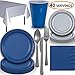 Disposable Party Supplies, Serves 40 - Blue and Silver - Large and Small Paper Plates, 12 oz Plastic Cups, heavyweight Cutlery, Napkins, and Tablecloths. Full Two-Tone Tableware Set