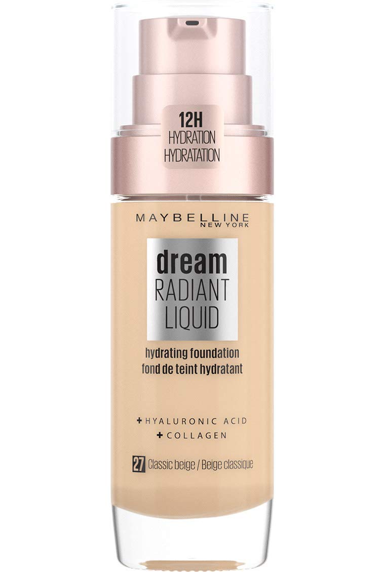 Maybelline Foundation, Dream Radiant Liquid Hydrating Foundation with Hyaluronic Acid and Collagen - Lightweight, Medium Coverage Up to 12 Hour Hydration - 27 Classic Beige