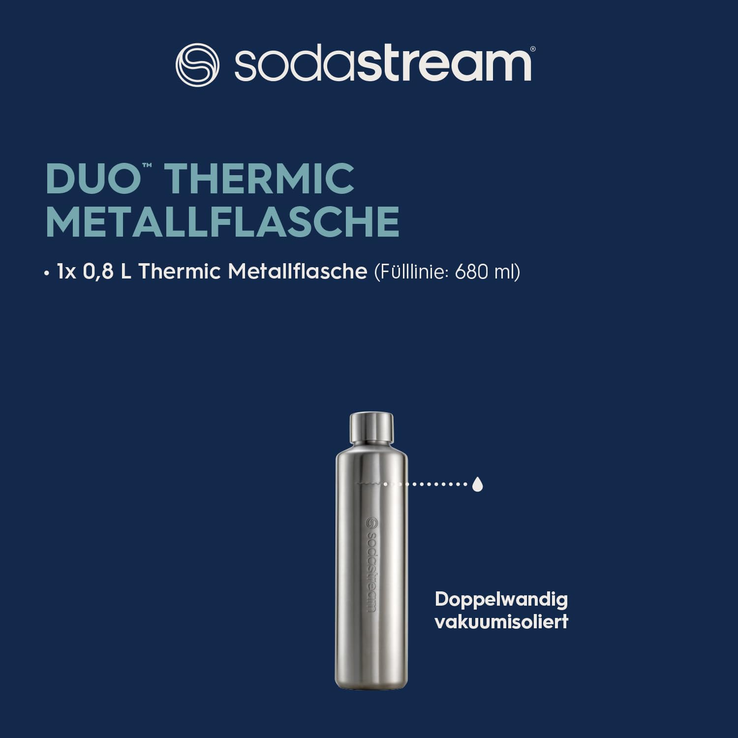 SodaStream 0,8L DUO Thermic Metallflasche Edelstahl | Spülmaschinengeeignet | Kompatibel mit DUO & E-DUO | Hält bis zu 12 Stunden warm & kalt | 1er-Pack 2