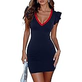 BONITEE Women Sexy Deep V Neck Bodycon Mini Dresses 2026 Summer Ruffle Sleeve Dress Casual Sleeveless Party Short Dresses