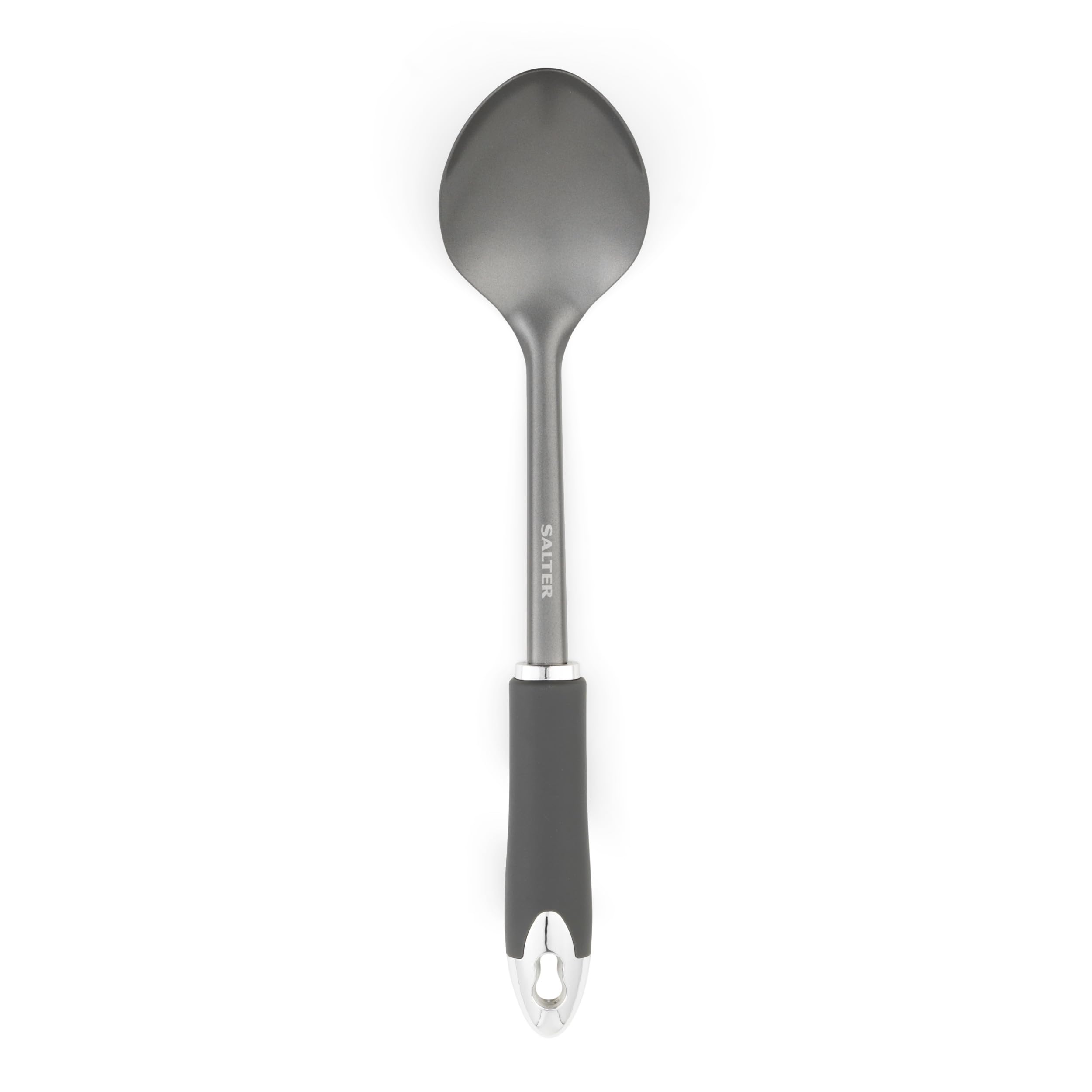 Salter BW11066EU7 Solid Spoon, Multifunctional Non Stick Utensil, Serving and Stirring Spoon, Soft Touch Handles, Stainless Steel, Matte Grey