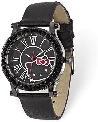 Hello Kitty Black Dial Crystal Bezel Black Faux Leather Watch