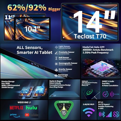 TECLAST T70 14 Inch Touchscreen Tablet Top Gaming Android Tablet, Helio G99 2.2GHz Octa-Core, 20GB RAM M+256GB (8TB TF), Dual SIM 4G LTE, 10000mAh/18W, Widevine L1/GPS/13MP, Tablet with Stylus + Case