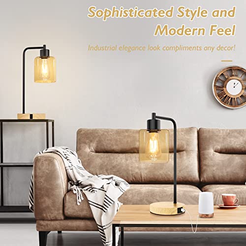 Industrial Table Lamp for Bedroom with USB Type-C AC Ports Amber Glass Lamp Shade Touch Control Bedside Lamp 3-Way Dimmable Nightstand Reading Lamp Set of 2 for Living Room,Office,2 LED Bulbs Include