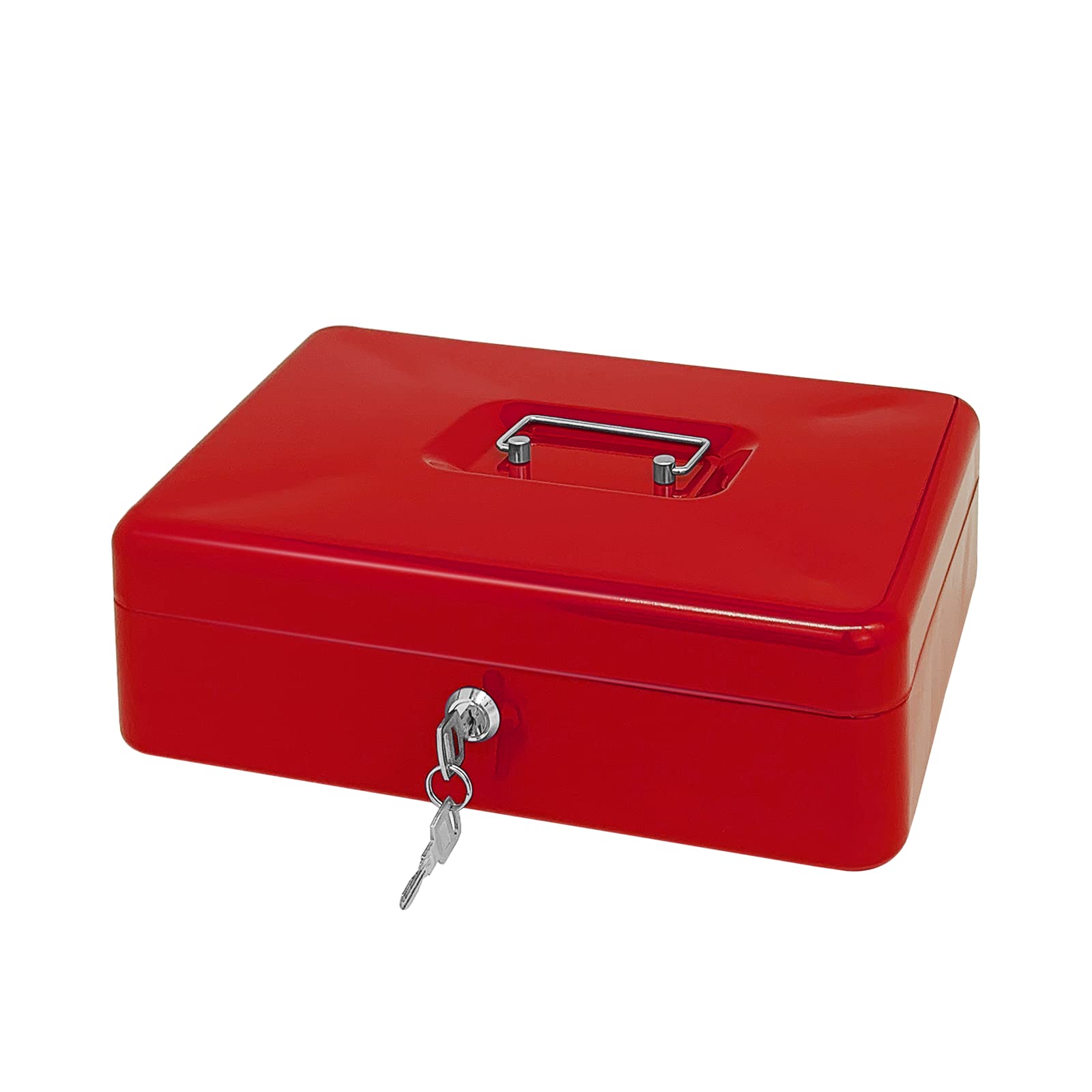 Steel Cash Box with Key Lock, Metal Small Money Organizer with Money Tray,Cash Storage Box with Lockable Cover (Red-30 * 24 * 9 CM)