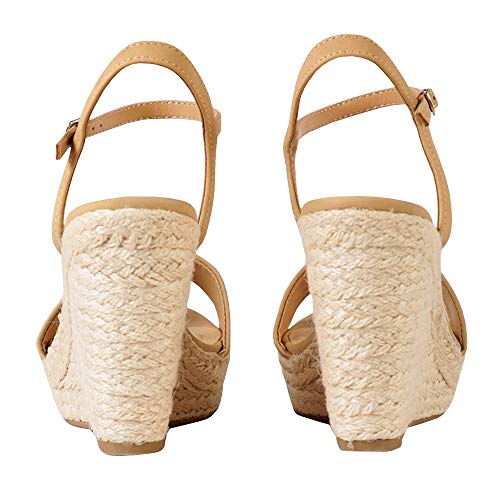 PiePieBuy Womens Wedges Espadrille Ankle Strap Open Toe Heeled Sandals Khaki - Thumbnail 4