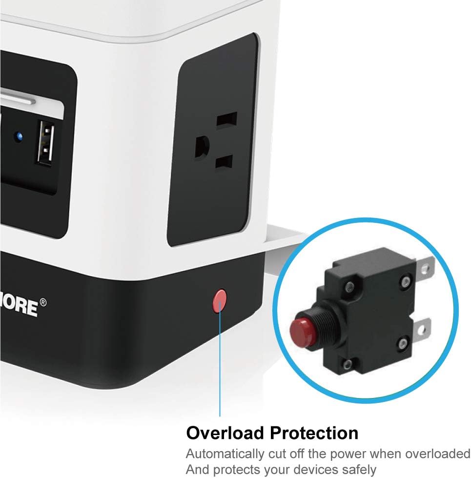 SAFEMORE USB Surge Protector Power Strip Tower with 2 USB Charging Station, 3 Power Outlet and 6.5Ft Extension Cord Power Tower for Nightstand Accessories, Tabletop, Game, Smartphone, White & Black - - 