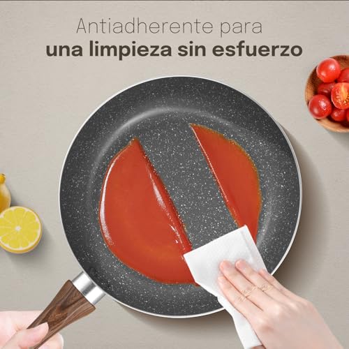 M MELENTA juego de ollas y sartenes antiadherentes, juego de ollas de granito, bateria de cocina antiadherente 18 piezas, ollas de cocina de aluminio, color gris