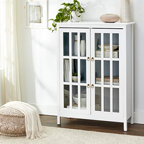 Target Marketing Systems Portland Collection Contemporary Tall China Kitchen Cabinet with Glass Cabinet and Two Shelves, White/Gray - Thumbnail 2